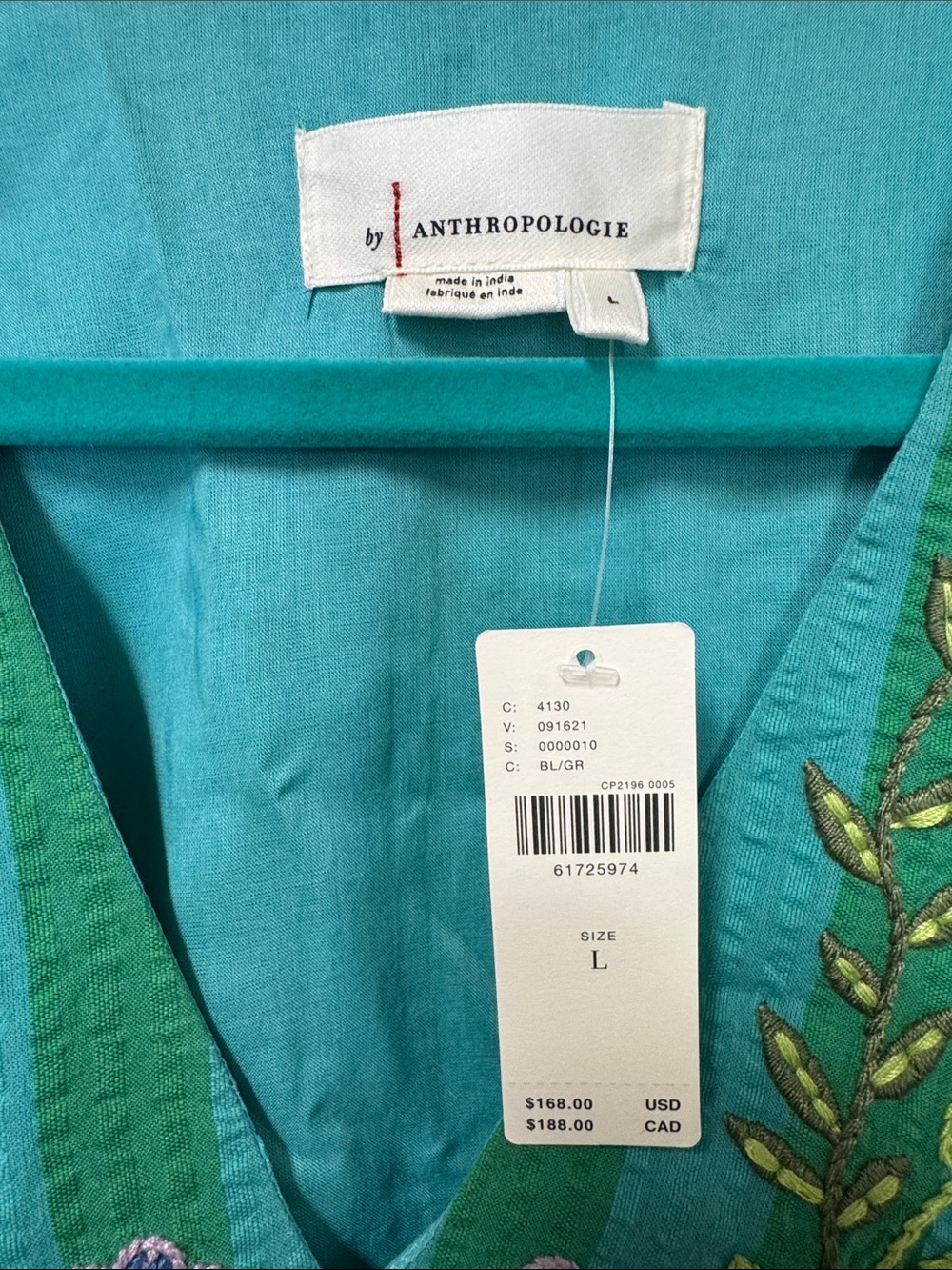 Anthropologie Teal and Green Embroidered V-Neck Tunic - Picture 2 of 11